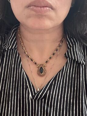 Gold Necklace with Black Teardrop Pendant